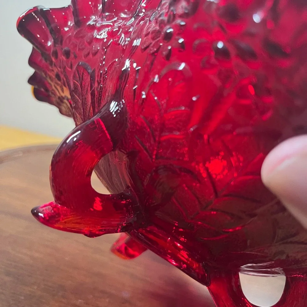 Fenton Ruby Red Amberina Glass Peach Tree Leaf Ruffled Footed Bowl 8